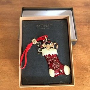 Monet Christmas Stocking Ornament 2021 Rhinestone Enamel Mouse Holly Candy Cane